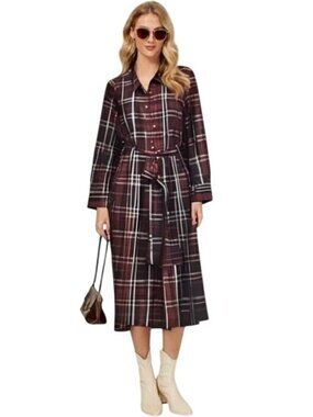 Talbots Red Plaid Vintage 1970s-80s Long Sleeve Button Front Shirt Dress Size 10